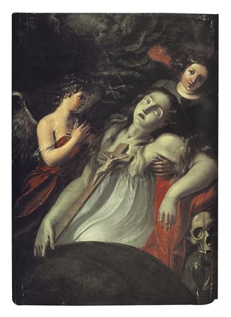 PITTORE DEL XVIII SECOLO Maddalena con angeliOlio su tavola, cm 106x74;...