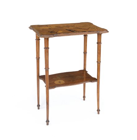 GALLE' TAVOLO INTARSIATO IN LEGNI VARI, GALLE', 1890 CA., a due ripiani,...