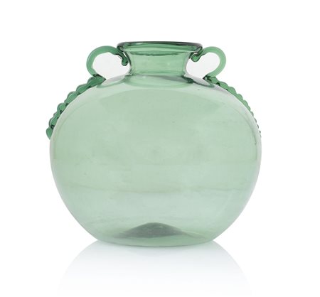 MURANO VASO IN VETRO, M.V.M. CAPPELLIN MURANO, ANNI '30, globulare verdino...