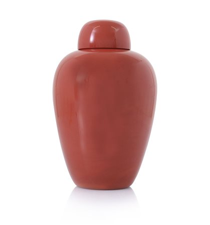 VENINI VASO "CINESI" CON COPERCHIO IN VETRO ROSSO, VENINI, C.SCARPA, 1980,...