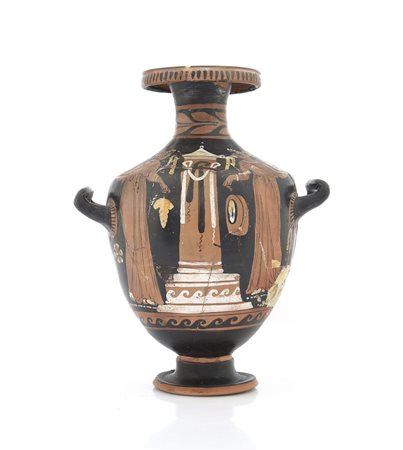 ARCHEOLOGIA RARA IDRIA APULA IN TERRACOTTA VERNICIATA A FIGURE ROSSE, PITTORE...