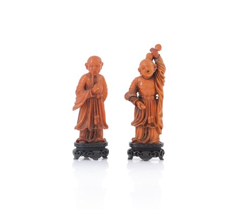 ARTE ORIENTALE COPPIA DI FIGURE, PROBABILMENTE AMBRA ROSSA, CINA, INIZIO XX...