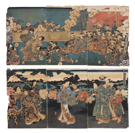 UTAGAWA TOYOKUNI 1769 - 1825Figure di geishe entro paesaggioDue incisioni...