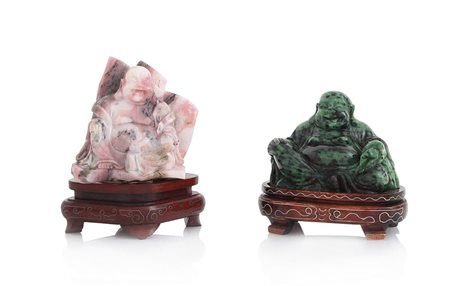 ARTE ORIENTALE UN BUDDHA IN DIASPRO VERDE E UNO IN RODOCROSITE, CINA, INIZIO...