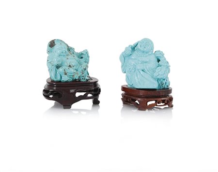 ARTE ORIENTALE DUE BUDDHA IN TURCHESE, CINA, INIZIO XX SECOLO, basi in legno...