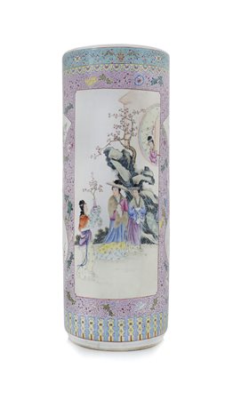 ARTE ORIENTALE VASO IN PORCELLANA, CINA, XX SECOLO, cilindrico con decoro a...