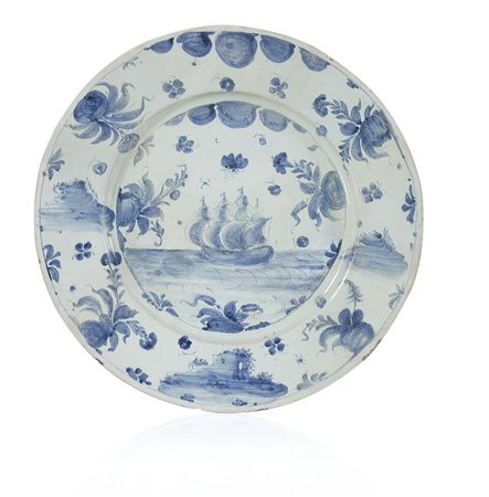 SAVONA PIATTO IN MAIOLICA, SAVONA, XVIII SECOLO, decoro blu con veliero e...