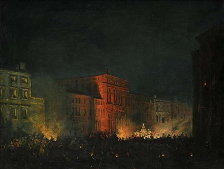 Carlo Grubacs (Venezia 1802 - Venezia 1878) Festeggiamenti notturni olio su...