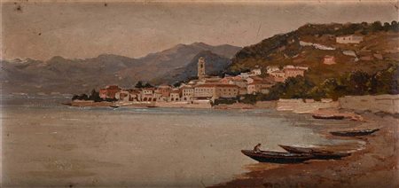 Scuola italiana fine del XIX secolo () Paese sul lago olio su legno, entro...