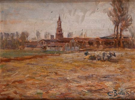 Carlo Balestrini (Milano 1868 - Milano 1923) Campi con paese in lontananza...
