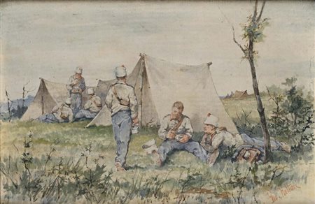 Giovanni Fattori (Livorno 1825 - Firenze 1908) Militari a bivacco firmato in...