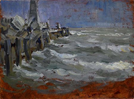 Scuola toscana seconda metà del XIX secolo () Mareggiata sugli scogli olio su...