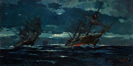 Renato Natali (Livorno 1883 - Livorno 1979) Marina (tre velieri) firmato in...