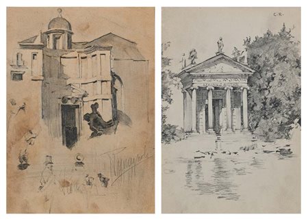 Carlo Romagnoli (Roma 1888 - Roma 1965) Due disegni a) Il tempietto di Villa...