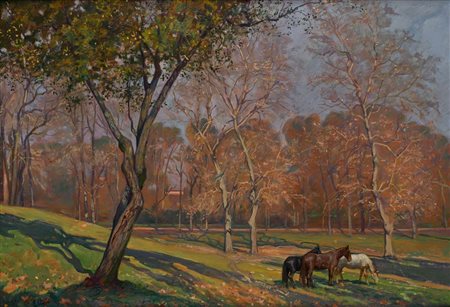 Raniero Aureli (Roma 1885 - Roma 1975) Cavalli in villa firmato in basso a...