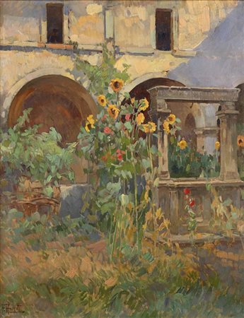 Filippo Anivitti (Roma 1876 - Roma 1955) Fiori nell'antico chiostro firmato...