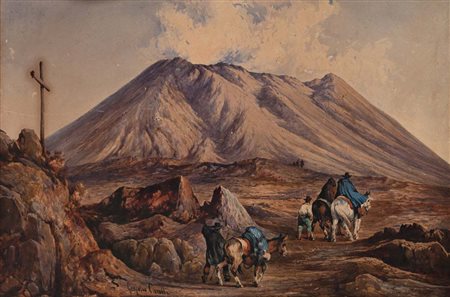 Consalvo Carelli (Napoli 1818 - Napoli 1900) La salita al Vesuvio firmato in...