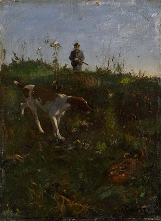 Giuseppe Palizzi (Lanciano 1812 - Parigi 1888) Cacciatore e cane firmato in...