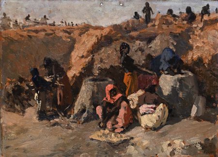 Michele Cammarano (Napoli 1835 - Napoli 1920) Scena di vita in un villaggio...