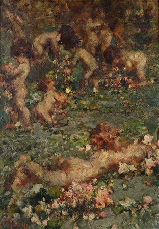 Vincenzo Irolli (Napoli 1860 - Napoli 1942) Putti tra i fiori firmato in...