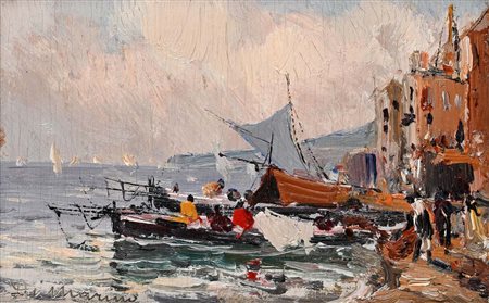 Francesco Di Marino (Napoli 1892 - Napoli 1954) Approdo di barche in un borgo...