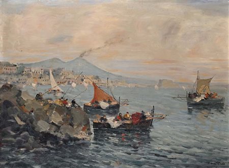 Francesco Di Marino (Napoli 1892 - Napoli 1954) Napoli, pescatori e barche a...