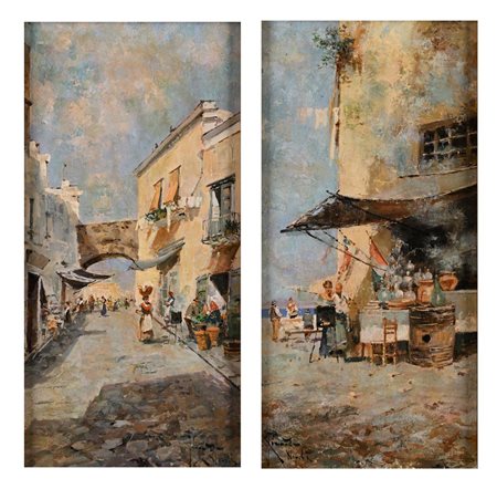 Oscar Ricciardi (Napoli 1864 - Napoli 1935) Due vedute cittadine con scene di...