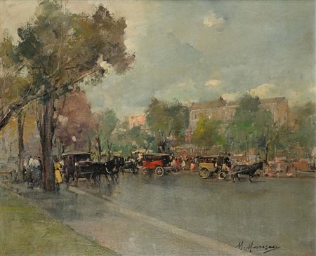 Mario Maresca (Napoli 1912 - Napoli 1991) Veduta cittadina con carrozze in...