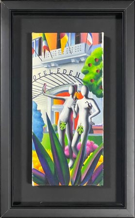 Mark Kostabi, (1960), "Catturare la Felicità", 2024, Olio su tela cm 18 x 40...
