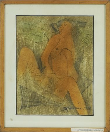 Attilio Ferracin, Dipinto, 20° secolo, Tecnica mista su carta, "Nudo", 1937...