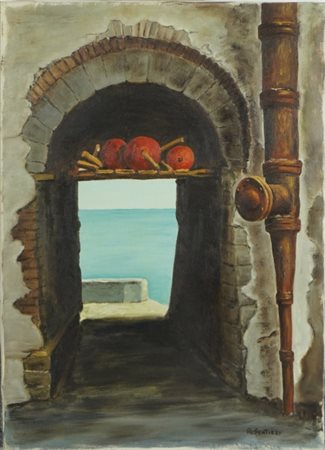 Sentieri, Dipinto, 20° secolo, Olio su tela, "Vista al mare", 1985, 50 x 70 cm