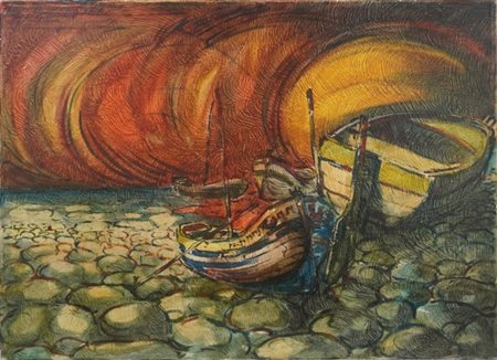 Ardito, Dipinto, 20° secolo, Olio su tela, "Barche in Secca", 1976, 70 x 50 cm