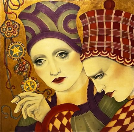 "Gioco per maschera triste", olio su tela, XX secolo, bellissimo dipinto di...