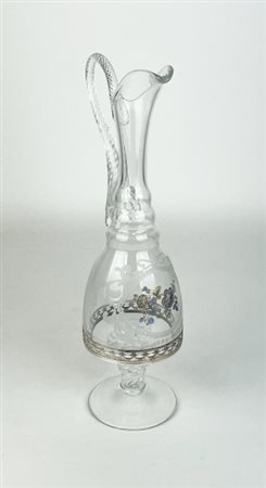 Antica e raffinata caraffa in vetro pregiato e decorazioni in argento,...