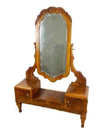 Toeletta, XX secolo, Toeletta con specchio impiallacciato in radica di noce e...