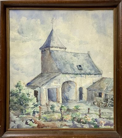 Hof Ter Mulden (Itterbeek 1948)  - Acquarello su carta in cornice raffigurante paesaggio di campagna con case,