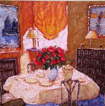 Roberto Masia,"Interno" Olio su tela cm 40x40.Aut.Della'Artista su foto