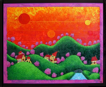 Sara Scalco "Tramonto a tre soli" tempera grassa su tela cm 50x60 certificato...