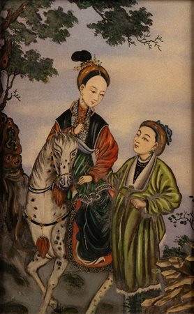  
Dipinto policromo su vetro Cina, fine XIX secolo.
 Larg.24cm; Alt.39cm