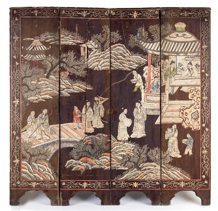  
Bel paravento a quattro pannelli in lacca Coromandel, Cina Fine dinastia Qing-periodo Repubblica (1912-1949)
 111cmX28cm cada uno