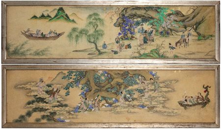  
Coppia di pannelli dipinti su seta Cina, dinastia Qing, XIX secolo.
 44cmX167cm