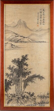  
Bel dipinto cinese con paesaggio e calligrafia, Cina dinastia Qing, XVIII secolo 
 Alt.91cmX45cm