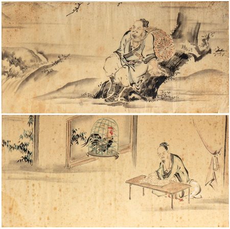  
Loto di due dipinti su carta, Giappone Inizio XX secolo
 Alt.30cmX50cm