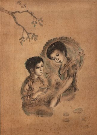 Tran Van Tho (1917 - 2004) 
Dipinto a china su seta raffigurante due bambini seduti; firmato Vietnam
 Alt.49cm; larg.35cm.