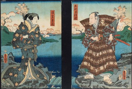  
Coppia di xilografie di Utagawa Kunisada (Toyokuni III), Giappone  (1796.1865)
 Alt.25cmX37cm