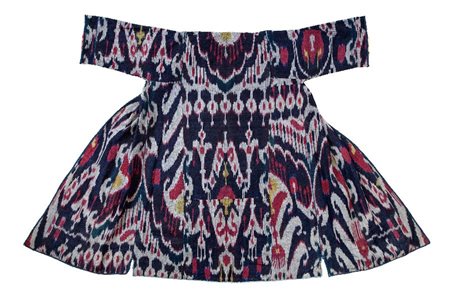  
Abito Uzbeko "Chapan" Inizi XX sec.
Tessuto in cotone e seta con tecnica "Ikat" 170cmX130cm