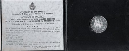 Coniazione ufficiale di una moneta speciale in argento da L.500 recante il millesimo 1975, 1975