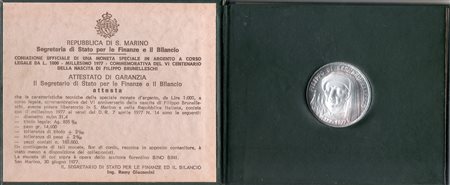 Coniazione Ufficiale di una monete speciale in argento a corso legale da L.1000 Millesimo 1977 commemorativa del VI centenario della nascita di Filippo Brunelleschi, 1977