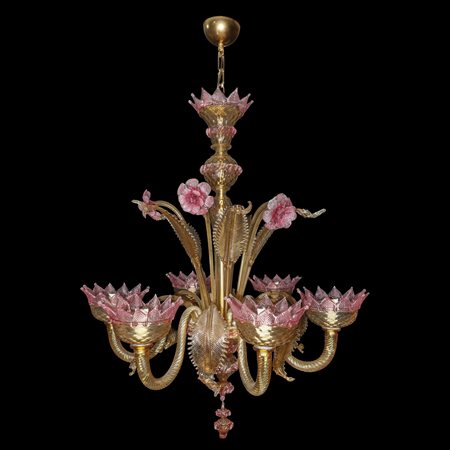 Lampadario in vetro di Murano a 6 luci giallo paglierino con fiori rosa