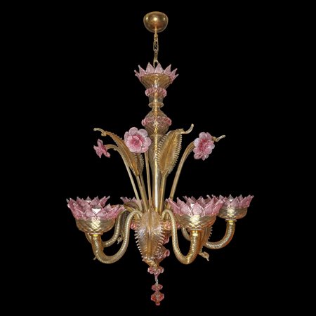 Lampadario in vetro di Murano a 6 luci giallo paglierino con fiori rosa